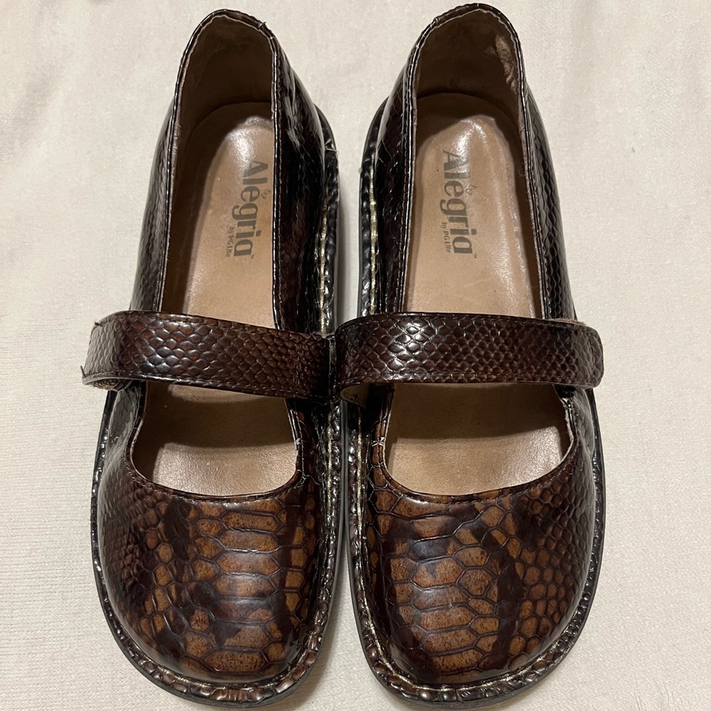 - Alegria Mary Jane Brown Snake Print Shoes